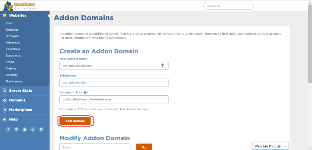 hostgator install addon domain step 2